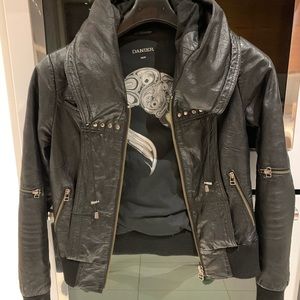 Black leather hooded jacket. Danier. Size says XS; I’m a medium and it fits me.